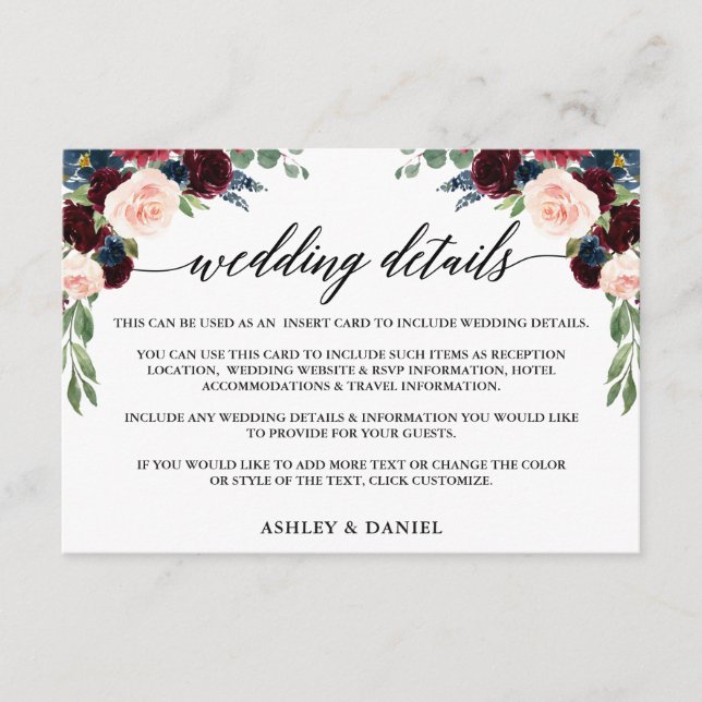 Calligraphy Burgundy Blue Floral Wedding Details Enclosure Card (Front)
