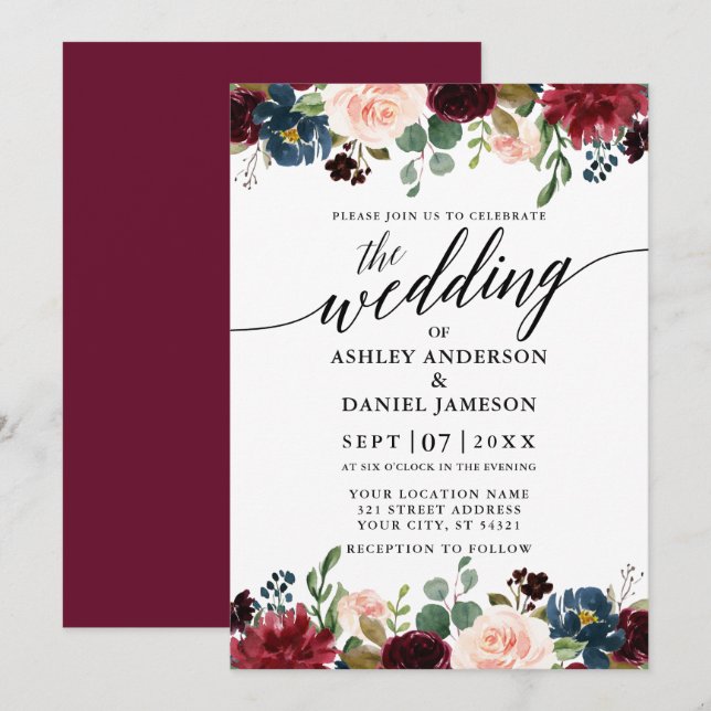 Calligraphy Burgundy Blue Floral Wedding Invitation (Front/Back)
