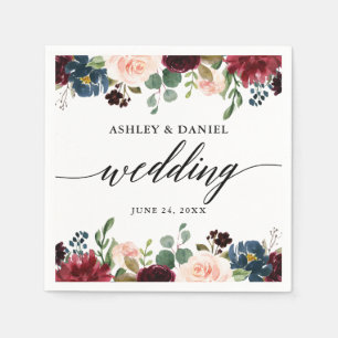 Calligraphy Burgundy Blue Floral Wedding Napkins