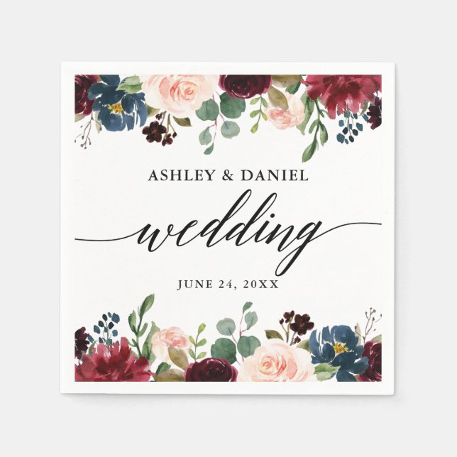 Calligraphy Burgundy Blue Floral Wedding Napkins (Front)
