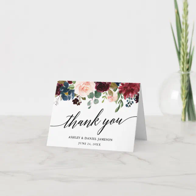 Calligraphy Burgundy Blue Floral Wedding Note Thank You Card | Zazzle