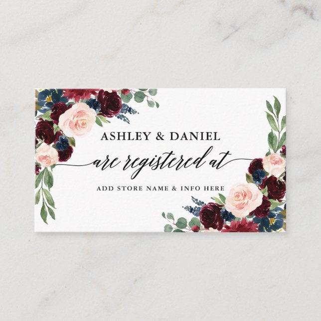 Calligraphy Burgundy Blue Floral Wedding Registry Enclosure Card (Front)