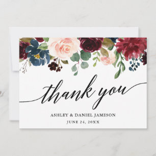 Calligraphy Burgundy Blue Floral Wedding Thank You Card