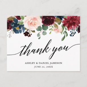 Calligraphy Burgundy Blue Floral Wedding Thank You Postcard