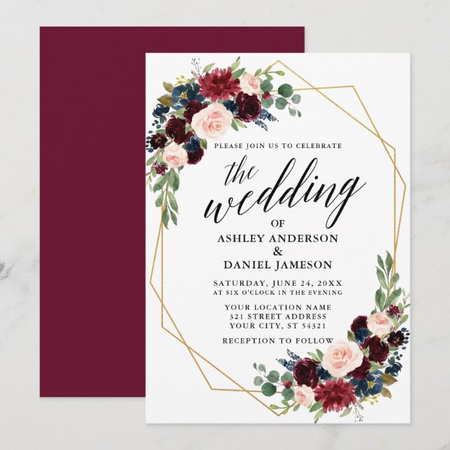 Calligraphy Burgundy Blue Geometric Gold Wedding Invitation (Front/Back)