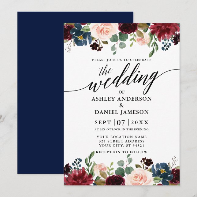 Calligraphy Burgundy Floral Blue Wedding Invitation (Front/Back)