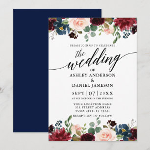 Calligraphy Burgundy Floral Blue Wedding Invitation