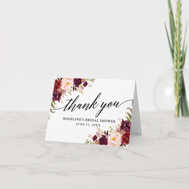Calligraphy Burgundy Floral Bridal Shower Note Thank You Card (Front)
