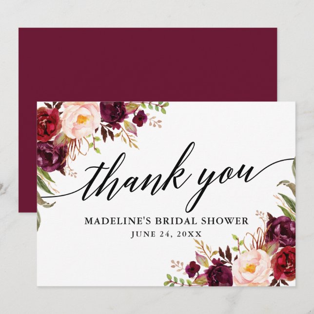 Calligraphy Burgundy Floral Bridal Shower Thank You Card (Front/Back)