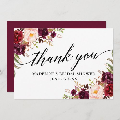 Calligraphy Burgundy Floral Bridal Shower Thank You Card