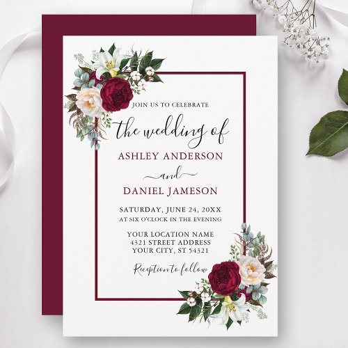 Calligraphy Burgundy Floral Greenery Frame Wedding Invitation