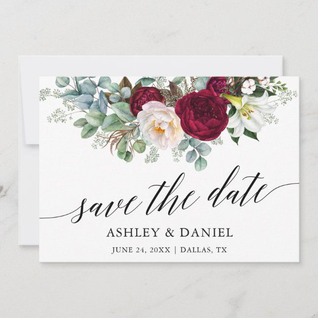 Calligraphy Burgundy Floral Greenery Save The Date (Front)