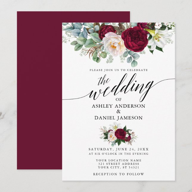 Calligraphy Burgundy Floral Greenery Wedding Invitation (Front/Back)