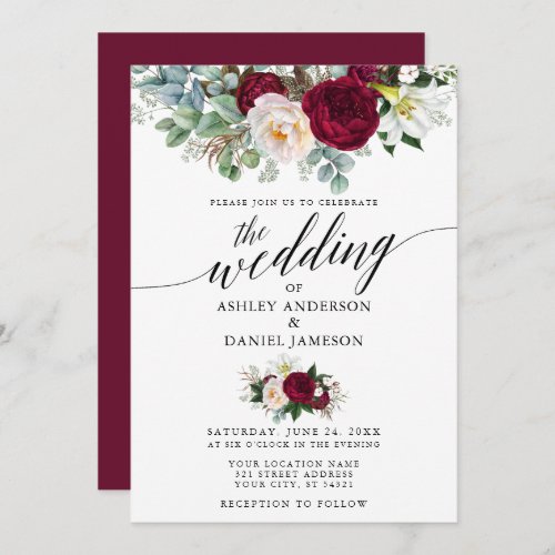 Calligraphy Burgundy Floral Greenery Wedding Invitation