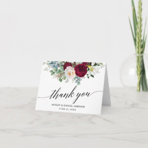 Calligraphy Burgundy Floral Greenery Wedding Note Letterpress Thank You Card