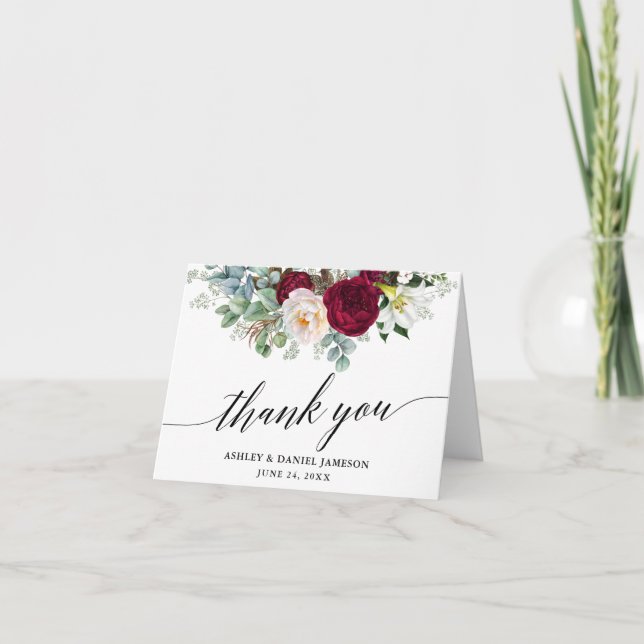 Calligraphy Burgundy Floral Greenery Wedding Note Thank You Card (Front)