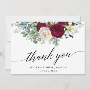 Calligraphy Burgundy Floral Greenery Wedding Thank You Card
