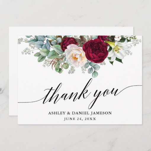 Calligraphy Burgundy Floral Greenery Wedding Thank You Card | Zazzle