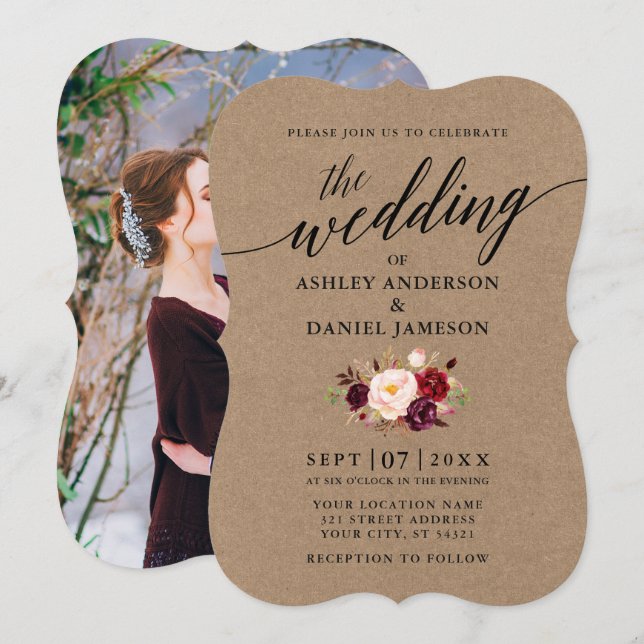 Calligraphy Burgundy Floral Photo Kraft Wedding Invitation (Front/Back)
