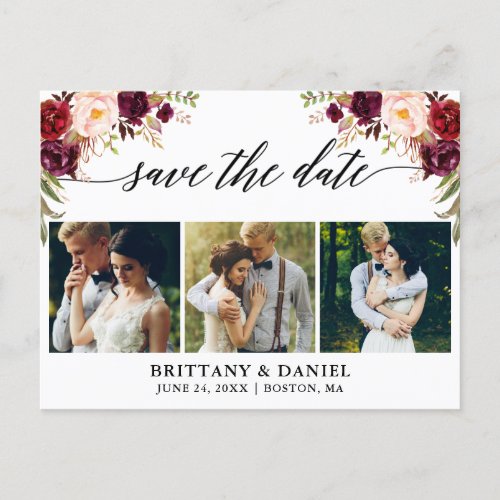 Calligraphy Burgundy Floral Save The Date 3 Photo Announcement Postcard