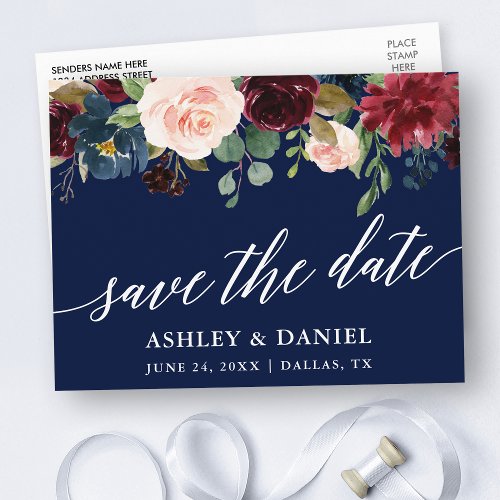 Calligraphy Burgundy Floral Save The Date Blue Postcard