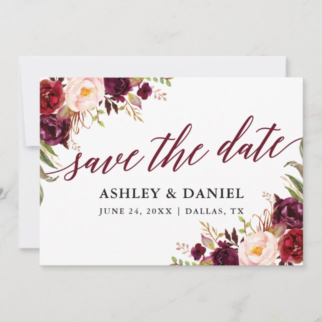 Calligraphy Burgundy Floral Save The Date Card (Front)