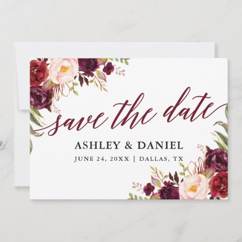 Calligraphy Burgundy Floral Save The Date Card