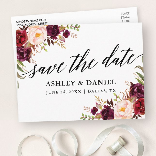 Calligraphy Burgundy Floral Save The Date Postcard
