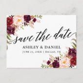 Calligraphy Burgundy Floral Save The Date Postcard (Front)