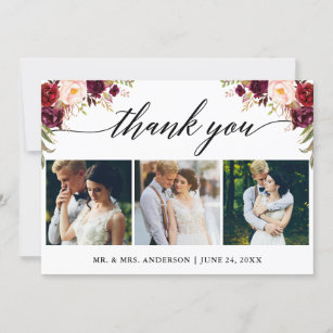 Calligraphy Burgundy Floral Wedding 3 Photo Thank You Card