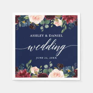 Calligraphy Burgundy Floral Wedding Blue Napkins