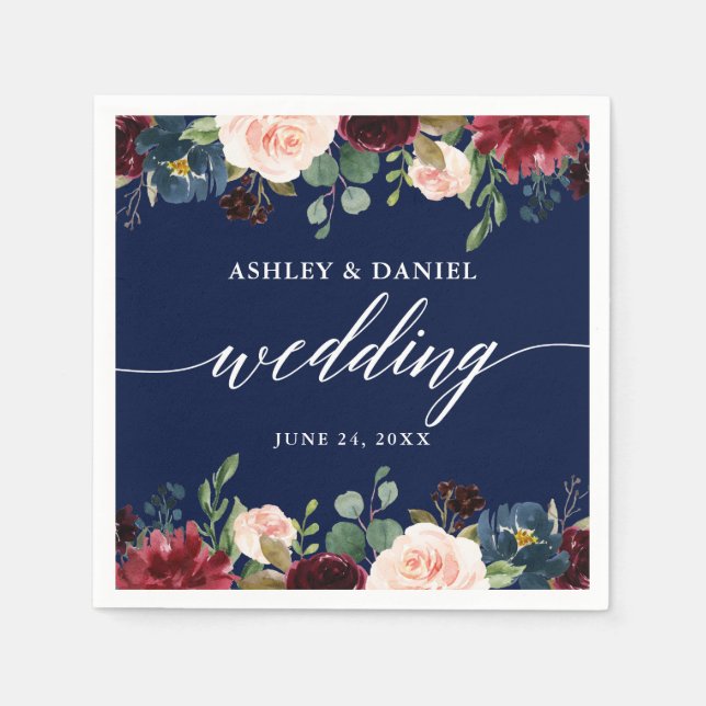 Calligraphy Burgundy Floral Wedding Blue Napkins (Front)