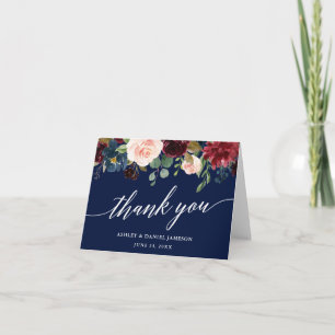 Calligraphy Burgundy Floral Wedding Blue Note Thank You Card