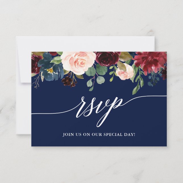 Calligraphy Burgundy Floral Wedding Blue RSVP Card (Front)