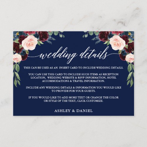 Calligraphy Burgundy Floral Wedding Details Blue Enclosure Card