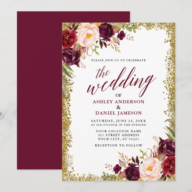Calligraphy Burgundy Floral Wedding Gold Glitter Invitation (Front/Back)