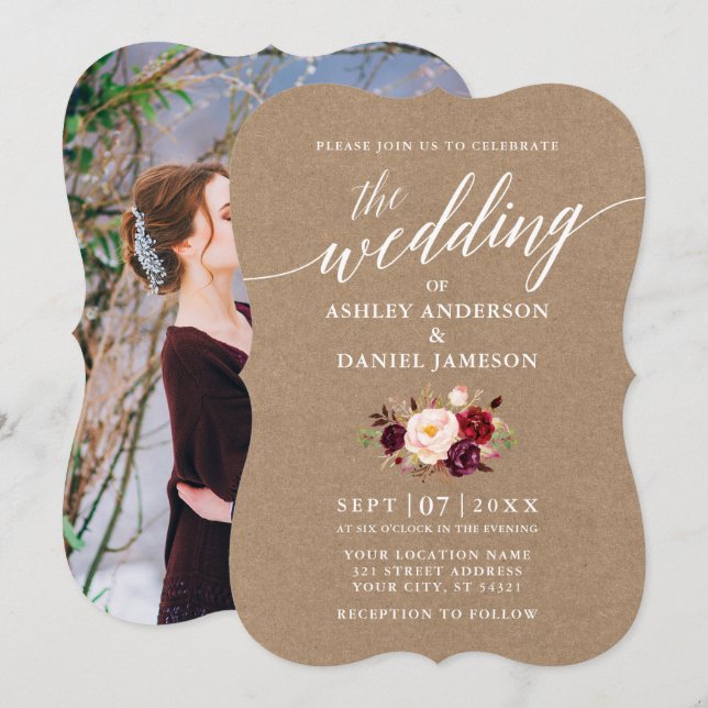 Calligraphy Burgundy Floral Wedding Kraft Photo Invitation (Front/Back)
