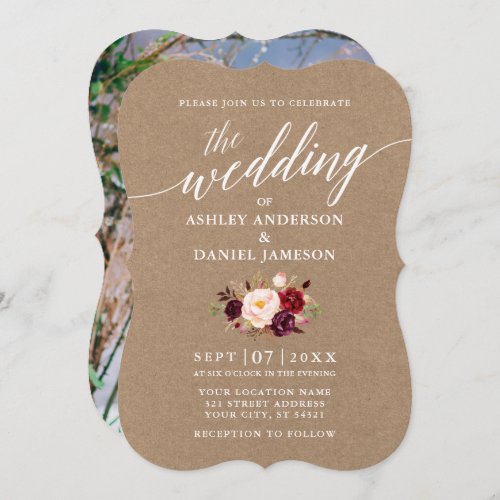 Calligraphy Burgundy Floral Wedding Kraft Photo Invitation