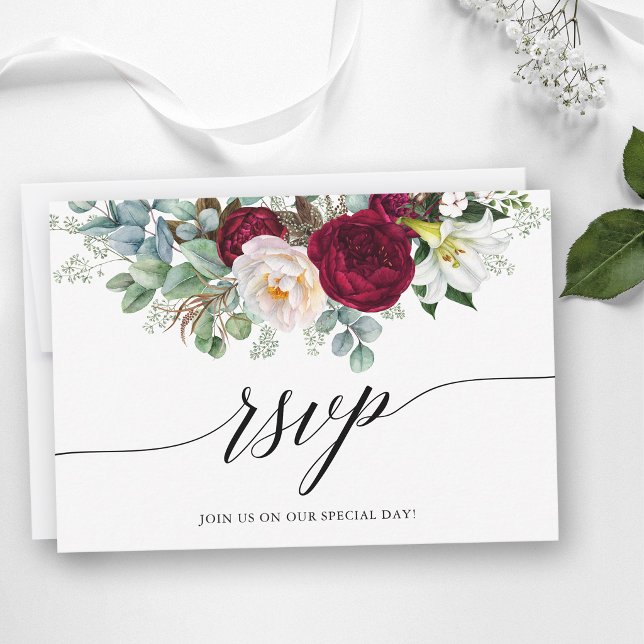 Calligraphy Burgundy Floral Wedding RSVP Card (Customize to change your personalized text size or text style.)