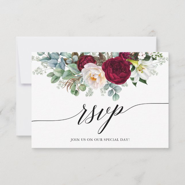 Calligraphy Burgundy Floral Wedding RSVP Card (Front)