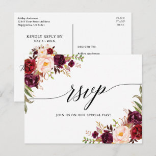 Calligraphy Burgundy Floral Wedding RSVP Postcard