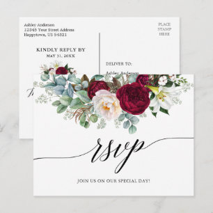 Calligraphy Burgundy Floral Wedding RSVP Postcard