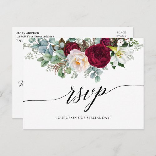 Calligraphy Burgundy Floral Wedding RSVP Postcard