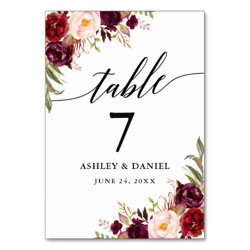 Calligraphy Burgundy Floral Wedding Table Number