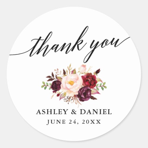 Calligraphy Burgundy Floral Wedding Thank You Classic Round Sticker
