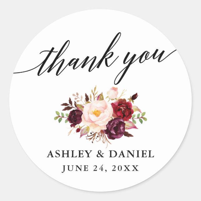 Calligraphy Burgundy Floral Wedding Thank You Classic Round Sticker (Front)