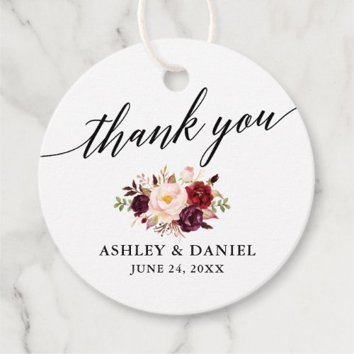 Calligraphy Burgundy Floral Wedding Thank You Favor Tags