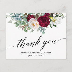 Calligraphy Burgundy Floral Wedding Thank You Postcard