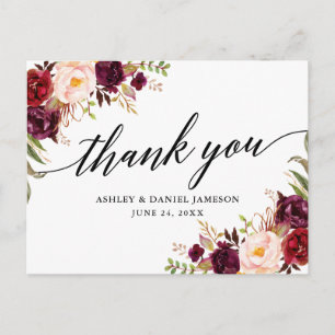 Calligraphy Burgundy Floral Wedding Thank You Postcard