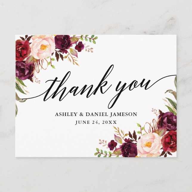 Calligraphy Burgundy Floral Wedding Thank You Postcard (Front)